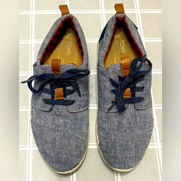 Toms Womens Sz 8 Chambray Del Rey Navy Lace Up Shoes Leather Type Accents - Picture 5 of 10